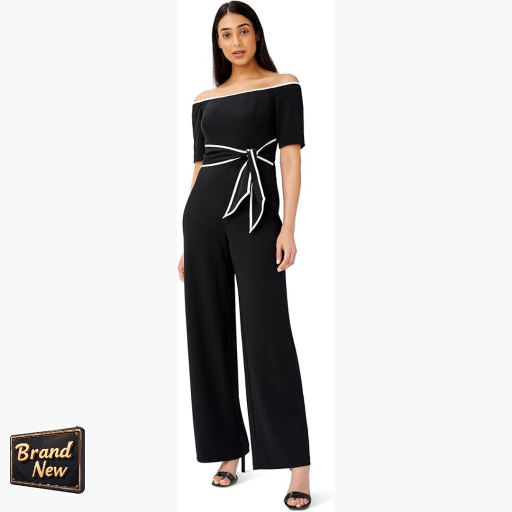 Size 2 Formal Jumpsuit Off Shoulder Tie Waist Wide Leg Polyester Crepe